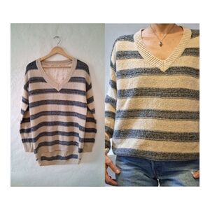 Striped V-Neck Sweater Lace Detail Cream and Gray Soft Girl Soft Grunge